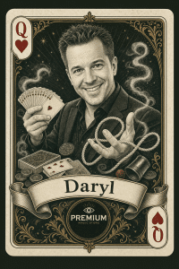 Vintage playing card illustration of magician Daryl (Queen Hearts) at Premium Magic Store