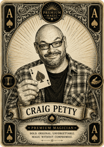 Vintage speelkaart-illustratie van goochelaar Craig Petty (2 Harten) bij Premium Magic Store