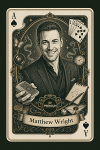 Vintage playing card illustration of magician Matthew Wright (Ace Spades) at Premium Magic Store